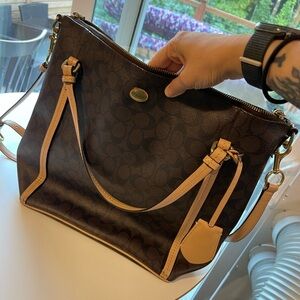 Coach Peyton Signature Dark Brown and Tan Convertible Shoulder Bag Like New